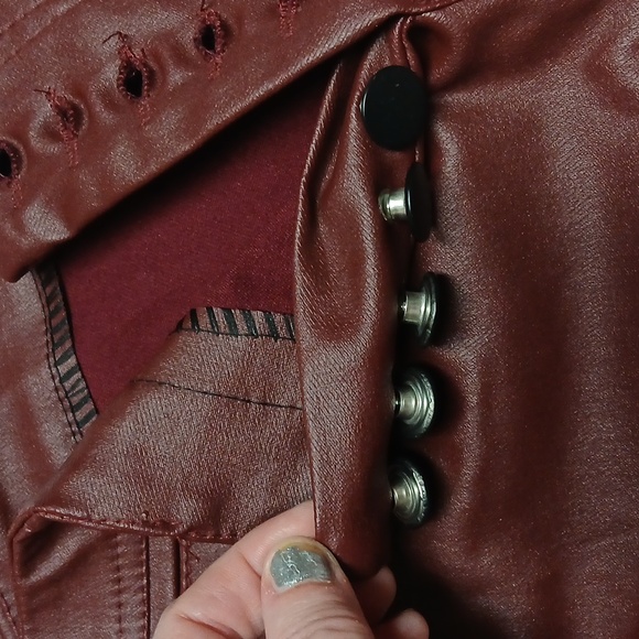 Faux Leather Button-Fly Jeans Pants w/ Pockets Brownish-Red Maroon Burgundy - Picture 12 of 12